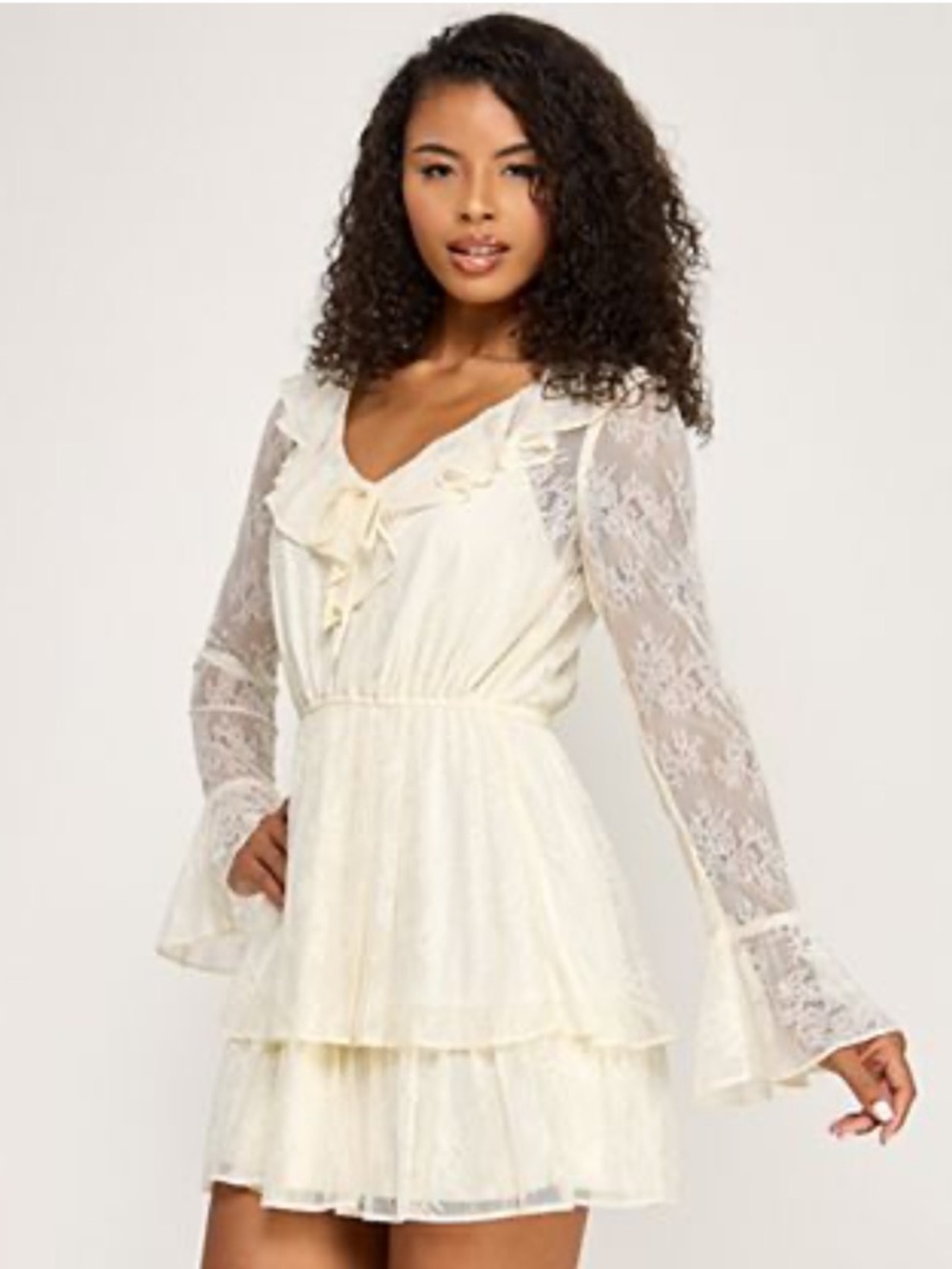 NWT!! Ivory Lace Ruffle Tiered Long-Sleeve Mini Dress
